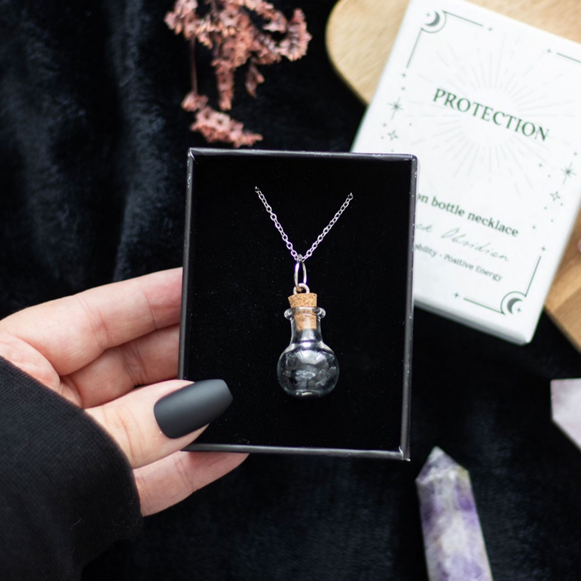 Protection Black Obsidian Crystal Chip Potion Bottle Necklace - Wicked Witcheries