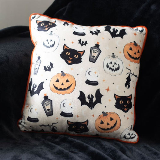 35cm Square Spooky Cat and Pumpkin Print Cushion - Wicked Witcheries